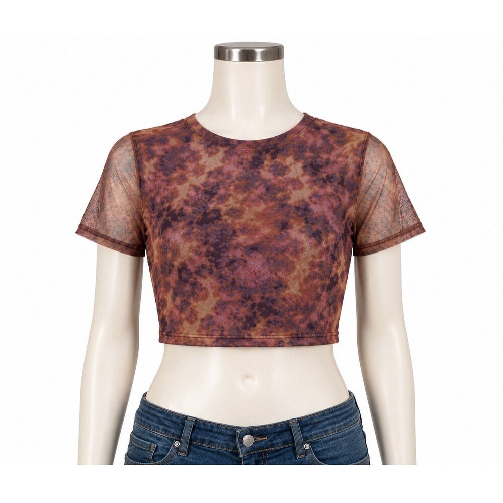 Grunge Mesh Tye Dye Crop Top Purple Lined Short Sleeve Women M (8-10) Y2K Style - Picture 1 of 8